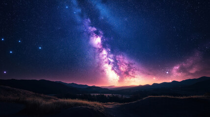 Wall Mural - Serene landscape beneath a starry night sky with the Milky Way galaxy shining brightly above