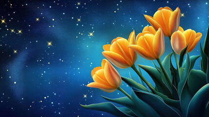Wall Mural - Bright blue and yellow starry cosmic background adorned with tulips, perfect for artistic decoration
