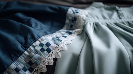 Poster - An elegant handmade quilt in various shades of blue rests flat, displaying intricate patchwork and neatly folded edges, creating a serene atmosphere for any space