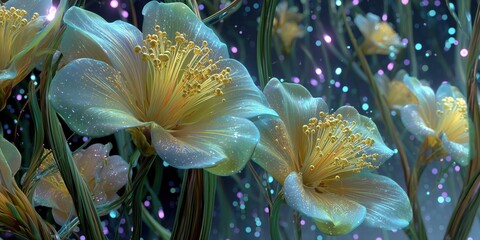 Wall Mural - abstract 3d glowing flowers with petals in yellow and transparent tones, luminous nature in a digita