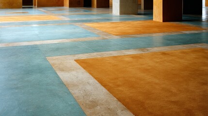 Fototapete - The composition features a wide shot of a high-angle view highlighting a striking geometric design with color-blocked squares in teal and mustard