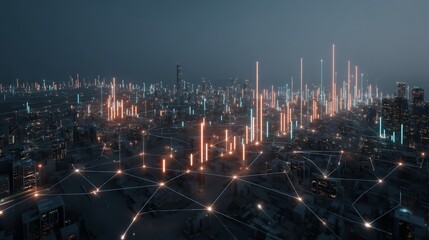 Poster - A wide shot captures a vibrant data chart rising from a digital cityscape, highlighting luminous nodes and glowing connections between towering buildings