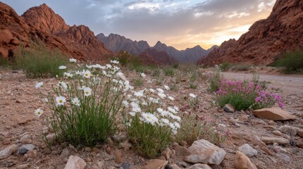 Poster - Wildflowers flourish in a desert setting near rocky formations, illuminated by the golden hues of a setting sun, creating a serene and picturesque scene