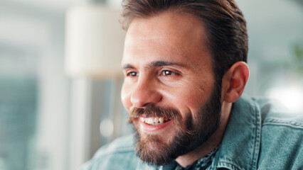 Poster - Smile, face and man in office with creative ideas, research and brainstorming for company project management. Thinking, designer or happy businessman with problem solving for startup entrepreneur