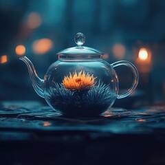 Glass teapot holding a vibrant flower, bathed in soft light.