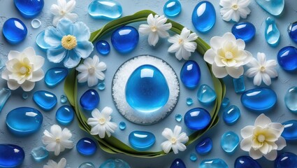 Wall Mural - macro shot of aqua-colored glass drops alongside white flowers and sea salt on a vibrant backdrop