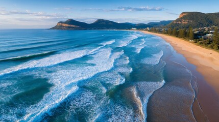 Poster - Golden sunlight bathes the serene coastal landscape as calm waves gently crash onto the shore, framed by warm hues of oranges in the sky and distant cliffs