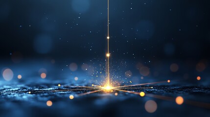 Fototapete - Blue background with a yellow line that is shooting out of the screen. The background is filled with small dots that are scattered throughout the image
