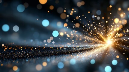 Poster - Bright light is shining on a dark background, creating a sparkling effect. The light is surrounded by a series of small, colorful dots that seem to be floating in the air. Scene is one of excitement