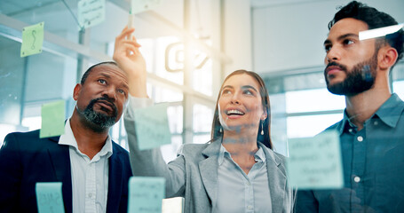 Poster - Collaboration, glass wall and ideas with business people in office for brainstorming or strategy. Conversation, planning or sticky notes with employee team in corporate workplace for development