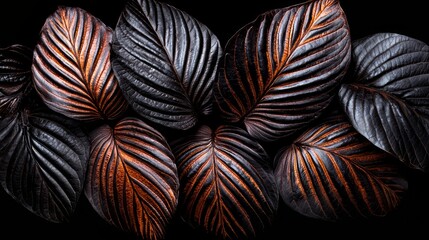 Poster - Close up of leaves with a brown and orange color. The leaves are arranged in a row and are overlapping each other. The image has a warm and earthy feel to it, with the brown