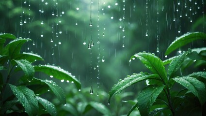 Poster - Intense summer rain in the woodland. Drops cascading from green leaves. Gorgeous soothing environment. Meteorology, habitat, nature idea. High definition