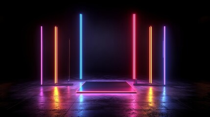 Leinwandbilder - Neon sign with a black background. The sign is lit up in a variety of colors. The sign is in a room with a dark background
