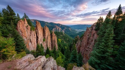 Aufkleber - Rose-colored spires dominate the horizon, surrounded by lush green trees and bathed in soft dawn light, creating a serene and magical atmosphere in nature