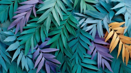 Aufkleber - Vibrant fern fronds overlap in emerald, violet, and amber, forming a layered abstract pattern that offers depth and emphasizes the colors with ample space on the right