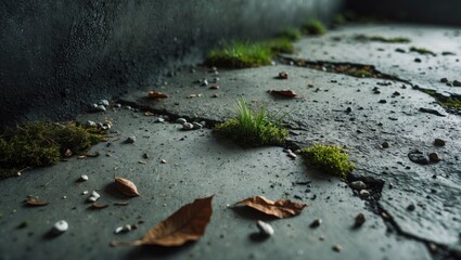 Aufkleber - Macro shot of a weathered surface adorned with scattered dry leaves, small green plants, and moss patches, showcasing earthy tones and rugged textures for a rustic background