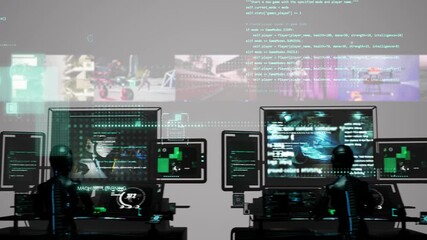 Wall Mural - animation showcases a futuristic setup with humanoid robot figures working at computer workstations.
