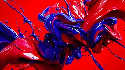 Poster - Splash of red and blue paint on a red background. The colors are vibrant and the splatter looks like it's in motion. Scene is energetic and dynamic