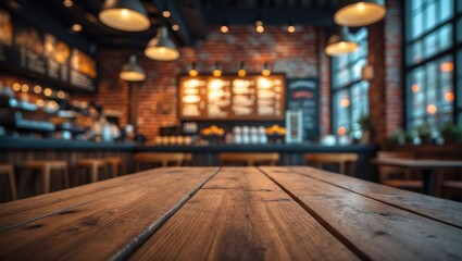 Aufkleber - Old red brick walls in a modern vintage cafe setting with a wooden surface and blurred background for product display