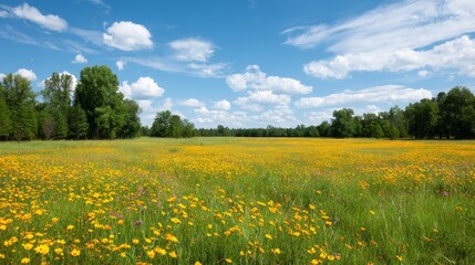 Aufkleber - A lush meadow filled with colorful wildflowers stretches beneath a bright blue sky, featuring soft clouds and an inviting atmosphere perfect for designs