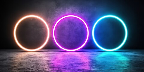 Leinwandbilder - Three neon colored circles are lit up in a dark room. The circles are of different colors, with one being purple, one being orange, and one being blue. The room is dimly lit