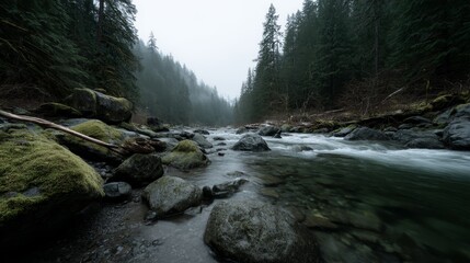 Aufkleber - A serene stream tumbles over mossy rocks, while weathered branches lie in the foreground and a misty forest creates a peaceful backdrop