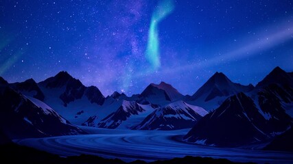 Wall Mural - Alaska Aurora and Milky Way Galaxy Magic Above Glaciers and Mountains Time Lapse Tilt Up Generative AI