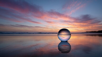 Aufkleber - A glowing orb rests on gentle ocean waves, mirroring vibrant orange and pink hues of the twilight sky during sunset, evoking a tranquil ambiance
