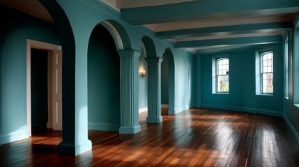 Leinwandbilder - Inside an elegant teal chamber, intricate carvings on columns and archways are highlighted by moody lighting, creating a serene atmosphere perfect for various uses