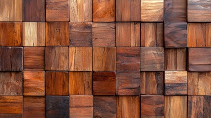Aufkleber - Wooden wall with many wooden blocks. The blocks are of different sizes and shapes. The wall has a rustic and natural feel to it