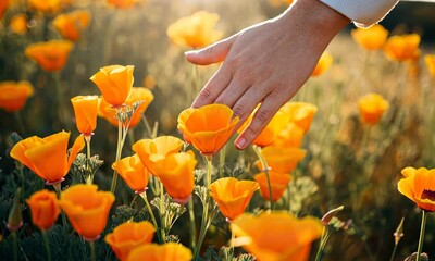 Wall Mural - hand touching vibrant yellow-orange poppies in sunny field