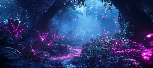 Wall Mural - a neon jungle where cybernetic fireflies leave glowing trails through the air