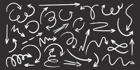 Wall Mural - chalk crayon arrows collection - hand sketched white doodle swirls, curved lines, pointers on blackb