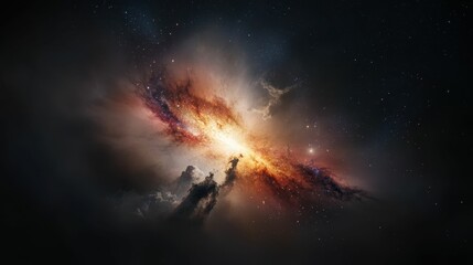 cosmic clouds, fiery nebula, scattered stars, dark space.