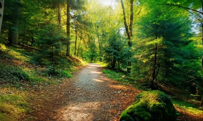 Wall Mural - sunlit forest path surrounded by green trees and mossy rocks