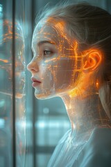 Wall Mural - futuristic cyborg with illuminated circuit patterns reflecting on glass surface, portrait of girl or