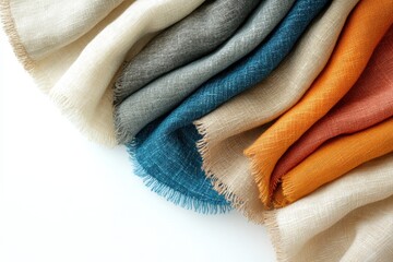 Leinwandbilder - Colorful textures of woven linen fabrics arranged in a stylish display highlighting their softness and variety in tones and patterns