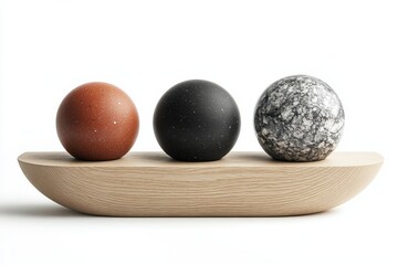 Fototapete - Three glossy spheres resting on a smooth white platform create an elegant display in a minimalist setting designed for contemporary interiors