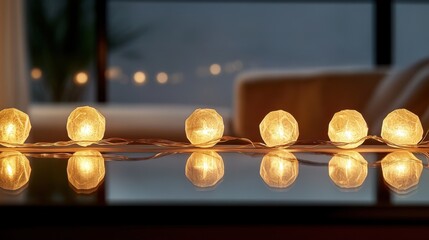 Aufkleber - Elegant floating light fixtures illuminate a modern space during a serene afternoon, creating captivating reflections on polished surfaces