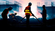 © Abduu - Construction workers wearing hard hats work on a site illuminated by lights during the night.