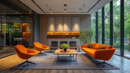 Poster - Bright orange armchair surrounded by greenery in a modern lounge area with natural light