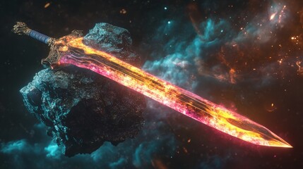 Wall Mural - A crystalline sword embedded in a floating stone, its blade glowing with an inner fire, casting dynamic, colorful reflections.