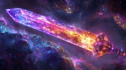 Wall Mural - A crystalline sword embedded in a floating stone, its blade glowing with an inner fire, casting dynamic, colorful reflections.