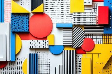 Poster - Colorful geometric shapes arranged thoughtfully on a white surface showcase a vibrant composition of creative design elements in a modern art style