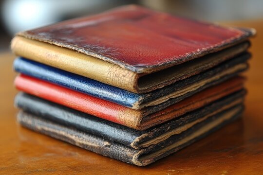 A stack of colorful leather bound notebooks is displayed nicely