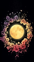 Wall Mural - a moon surrounded by flowers, with an illustration-style and simple colors on a black background.