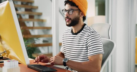 Aufkleber - Man, computer or typing in business for creativity, article editing or review document in creative office. Writer, paper or technology in agency for website update, topic research or online planning