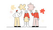 © THIBNH - business team discussion concept contemporary flat style abstract vector illustration of diverse people standing and talking to each other with puzzle pieces above their heads 080525
