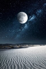 Wall Mural - a photograph of the moon in space, with sand dunes in the foreground and stars and galaxies in the