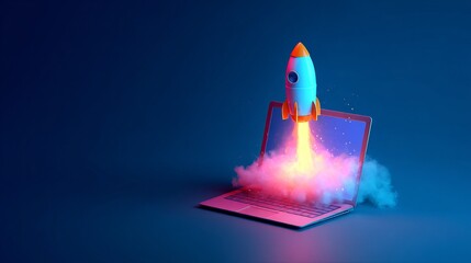 Digital Rocket Launching from Laptop Screen Neon Startup Success Business Technology Innovation Fast Speed Growth Future Progress           